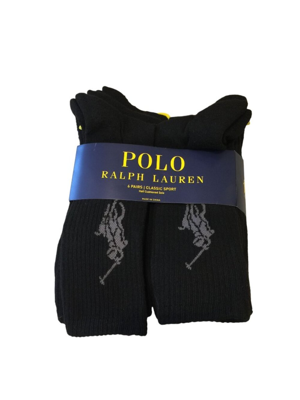 Polo Black Men's Crew 6 Pairs Classic Sport Half Cushioned Sole 10-13